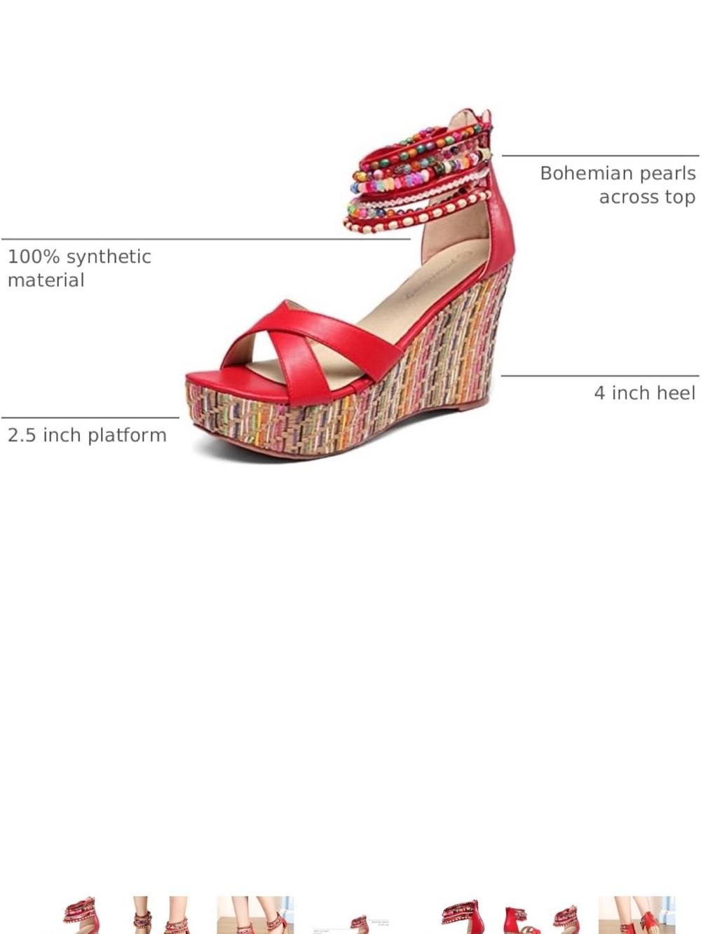 Red Wedge Sandals with Colorful Woven Platform and Ankle Wraps - Picture 3 of 3